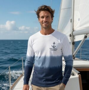 San Diego California Anchor Ombre Long Sleeve T-Shirt Blue White Cotton M